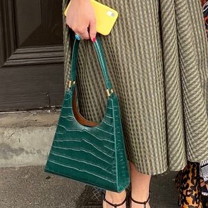 Green croc print leather bag